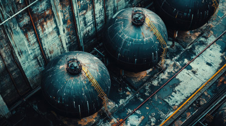 Industrial gas storage tanks in a South Asian production plant, close-up, no people, copy space.の素材