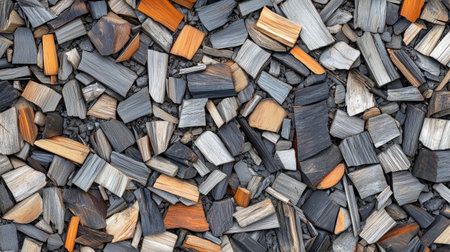 Industrial biomass energy concept: detailed close-up of crushed wood pieces, eco-friendly theme, copy space.の素材