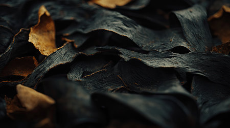 High-resolution close-up of wood chips piled up, rich textures and earthy tones, copy space available.の素材