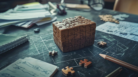 Wooden brain teaser puzzle half-solved on a desk, surrounded by school materials, copy space.の素材