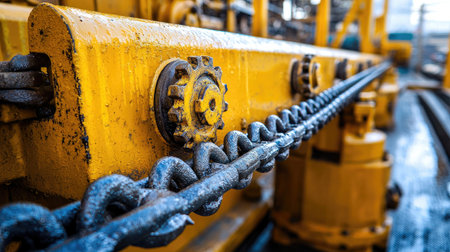 Heavy machinery in a South Asian industrial plant with metal chains and gears, close-up, copy space.の素材