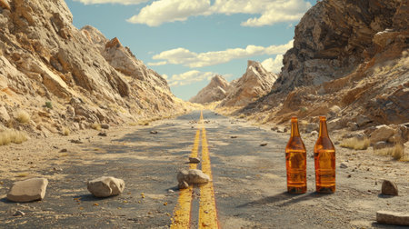 Two bottles sit on a deserted highway flanked by rocky mountains. The serene landscape captures the essence of adventure and isolation in a bright and inviting way.の素材
