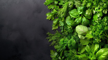 A stunning arrangement of fresh green herbs including basil, parsley, and dill, showcasing the vibrant colors and textures ideal for culinary use or healthy meals.の素材