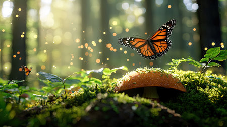A mesmerizing scene in a lush forest showcasing a vibrant mushroom and delicate butterflies amidst soft sunlight and gentle greenery, creating a magical atmosphere.の素材