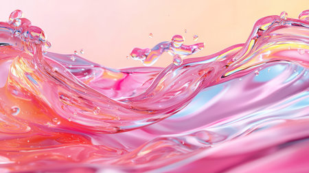 A vibrant abstract image featuring smooth, flowing water waves in shades of pink and soft colors, accentuated by delicate bubbles, creating a dreamy atmosphere.の素材