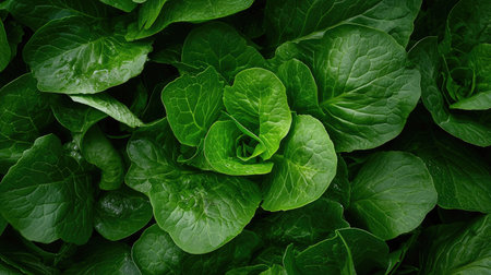 A vibrant close-up of fresh romaine lettuce leaves showcases their rich green color and crisp texture, ideal for health-conscious meals and salads.の素材