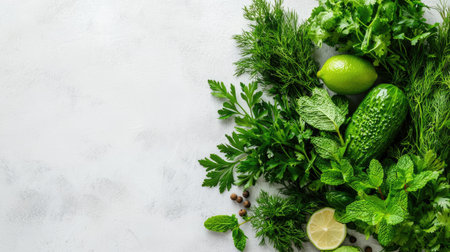 A vibrant collection of fresh herbs and vegetables including cucumber, lime, and mint displayed on a white surface, perfect for culinary creations and healthy meals.の素材