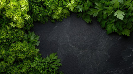 A beautiful arrangement of fresh herbs on a dark stone surface, perfect for culinary inspiration. Ideal for food blogs, recipes, and culinary presentations.の素材