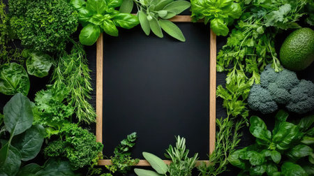 A vibrant arrangement of fresh herbs and greens encircling a blank chalkboard frame, ideal for culinary presentations or nature-themed designs.の素材