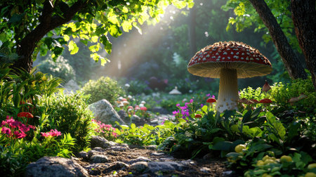 Discover a serene forest scene featuring a vibrant red-capped mushroom surrounded by colorful wildflowers and lush greenery, illuminated by soft sunlight.の素材
