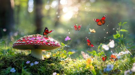 A captivating scene featuring a red mushroom adorned with butterflies in a serene forest setting. Sunlight filters through trees, creating a whimsical atmosphere filled with natural beauty.の素材