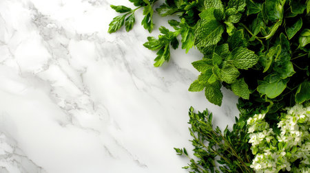 A vibrant arrangement of fresh green herbs on a marble surface, perfect for culinary purposes and enhancing any kitchen decor, evoking freshness and health.の素材