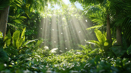 A vibrant tropical forest scene showcasing lush greenery and sunlight streaming through the canopy, creating a peaceful and serene nature atmosphere.の素材