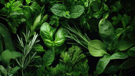 A captivating array of fresh green herbs and leaves on a dark background, perfect for culinary inspiration, healthy cooking, and vibrant dish presentations.の素材