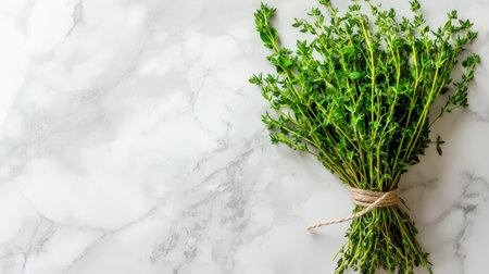 A vibrant bunch of fresh thyme arranged on a sleek marble surface, perfect for culinary use or as a charming decoration in your kitchen.の素材