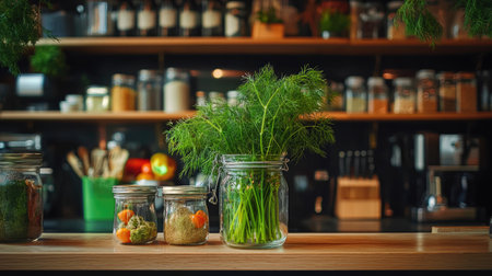 A vibrant display of fresh herbs and spices in jars on a wooden kitchen table, showcasing the beauty of cooking ingredients in a cozy kitchen setting.の素材
