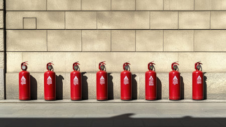 A line of red fire extinguishers neatly positioned against a stone wall, showcasing their importance in fire safety and emergency preparedness in urban areas.の素材