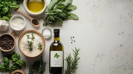 Explore a vibrant arrangement of fresh herbs, olive oil, and key ingredients ideal for enhancing culinary creations and healthy cooking.の素材