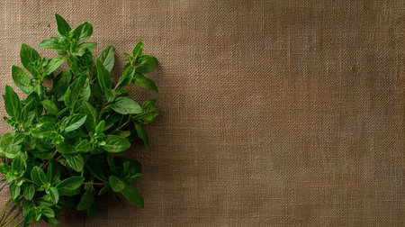 A vibrant display of fresh green herbs resting on a natural fabric background, perfect for culinary inspiration and showcasing healthy cooking ingredients.の素材
