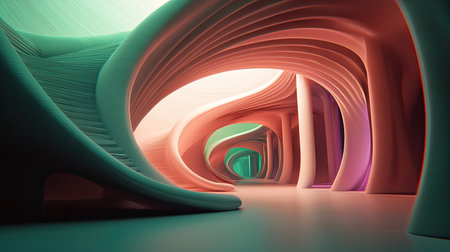 Dive into a vibrant abstract interior filled with smooth flowing shapes and dynamic patterns. This stunning design showcases creative architecture and modern aesthetics.の素材