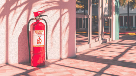 A striking red fire extinguisher stands in a contemporary indoor space, casting shadows on the floor, symbolizing safety and emergency preparedness.の素材