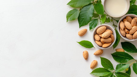 A stunning arrangement featuring almonds and vibrant green leaves on a clean white surface, perfect for health, nutrition, and culinary themes. Ideal for food-related projects.の素材
