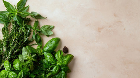 A vibrant assortment of fresh green herbs including basil and rosemary arranged on a light textured surface, ideal for culinary use or decor.の素材