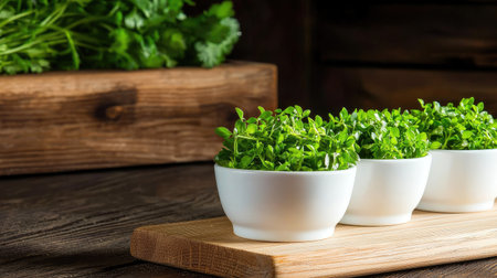 Three white bowls filled with vibrant microgreens sit on a wooden board, showcasing freshness and health for a culinary presentation in a rustic kitchen setting.の素材