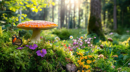 A stunning mushroom stands prominently in a lush forest, adorned with colorful flowers and a butterfly, capturing the essence of nature's beauty and tranquility.の素材