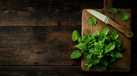 A rustic composition featuring fresh mint leaves and a knife on a wooden cutting board. Ideal for culinary and cooking themes, showcasing vibrant greenery.の素材