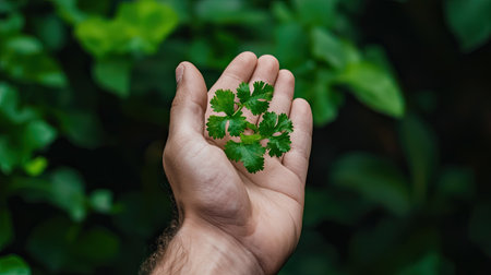 A close-up of a hand holding a fresh cilantro leaf, showcasing vibrant green against a blurred lush background, symbolizing freshness and healthy living.の素材