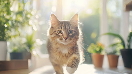 A lively cat strides confidently through a sunlit indoor garden, surrounded by vibrant plants, capturing the essence of joy and playfulness in a cozy environment.の素材