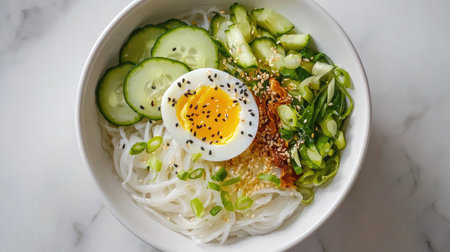 A vibrant rice noodle bowl featuring fresh cucumber slices, a perfectly boiled egg, and green onion garnish. Ideal for healthy meal prep.の素材