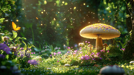 A captivating forest scene featuring a magical mushroom adorned with flowers, complemented by a delicate butterfly. Sunlight sparkles create an ethereal ambiance.の素材