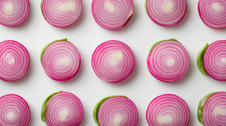 A visually striking arrangement of sliced red onions showcases their vibrant color and texture, perfect for food art or culinary presentations on a clean background.の素材