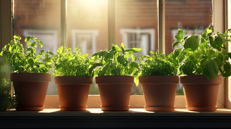 A beautiful display of fresh herb plants in clay pots resting on a sunlit windowsill, showcasing vibrant green growth and evoking a sense of tranquility and natural beauty.の素材