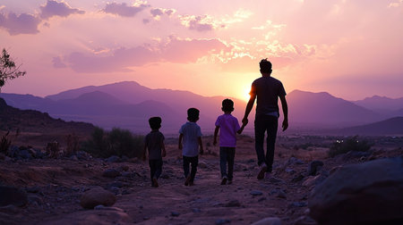 A family of four walks hand in hand along a rocky path at sunset, surrounded by picturesque mountains. The colorful sky enhances the serene atmosphere.の素材