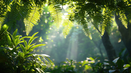 Experience the serenity of nature with rays of sunlight streaming through vibrant ferns, creating a tranquil atmosphere in a lush forest setting.の素材
