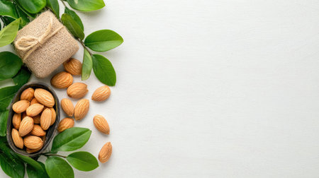 A serene composition featuring almonds in a bowl surrounded by green leaves, ideal for promoting healthy snacks and natural food themes. Perfect for culinary uses.の素材