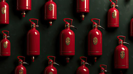 A striking arrangement of red fire extinguishers against a dark wall, showcasing essential safety equipment for emergency readiness and fire prevention.の素材
