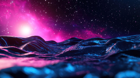 A captivating cosmic landscape featuring vibrant waves under a starry sky. The surreal colors of blue and pink create an enchanting atmosphere, perfect for imaginative projects.の素材