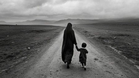 A poignant black and white image of a woman and child walking hand in hand along a deserted road, embodying themes of connection, journey, and simplicity in a vast landscape.の素材