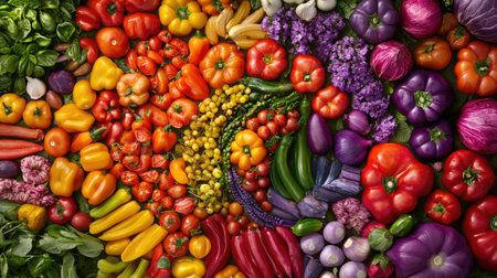 A stunning display of fresh vegetables showcases a vibrant spectrum of colors. Perfect for health-focused themes, cooking blogs, and culinary projects.の素材