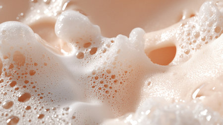 Close-up view of soft foam bubbles forming on a creamy liquid surface, highlighting textures and patterns, perfect for food and beverage themed projects.の素材