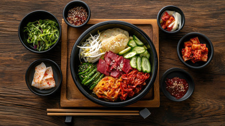 This image showcases a vibrant Korean bibimbap featuring rice, fresh vegetables, and thin beef slices, complemented by various side dishes. Perfect for food lovers.の素材