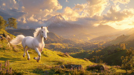 A stunning white horse gallops gracefully through a vibrant meadow, set against a breathtaking mountain backdrop during sunset, showcasing the beauty of nature.の素材
