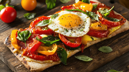 Enjoy a vibrant flatbread topped with fresh vegetables, an egg, and aromatic basil, perfect for any meal. Ideal for a healthy and delicious dining experience.の素材