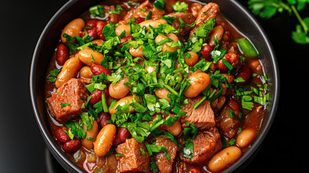 A delicious bowl of hearty meaty chili featuring colorful beans and fresh herbs, perfect for any dinner. This savory dish offers warmth and nutrition.の素材