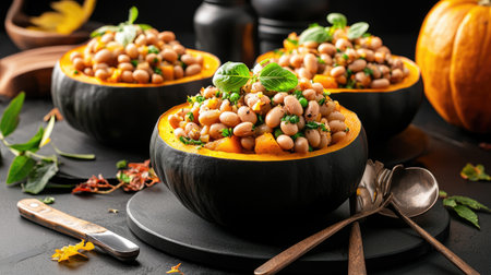 This captivating image features pumpkin bowls brimming with beans and fresh herbs, embodying the essence of healthy, seasonal cuisine. Perfect for food enthusiasts.の素材