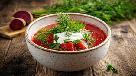 Experience the vibrant colors of fresh beetroot soup garnished with herbs and cream. Perfect for healthy meals and showcasing culinary creativity.の素材